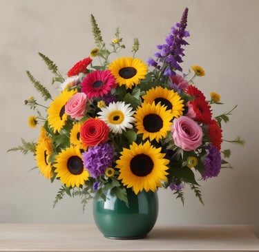 Bright sunflowers and orange tulips combined in a cheerful floral arrangement.
