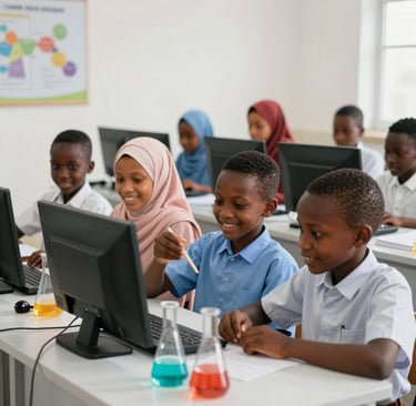 Nigerian Muslim children attentively listening to a teacher in a bright classroom at Al-Mi’raj Excellence Academy.