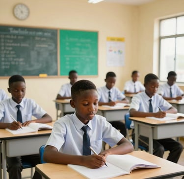 A peaceful outdoor scene showing children playing safely under the watchful eyes of teachers in the school compound.