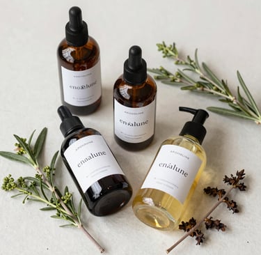 Apothecary feel of handcrafted lotions displayed with natural light.