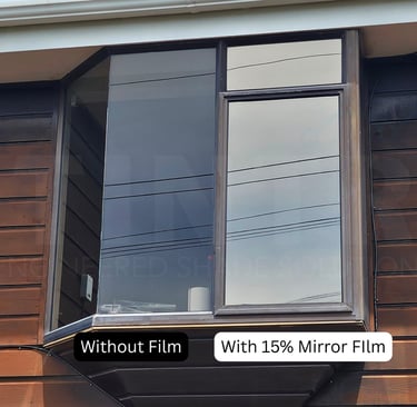 Exterior view of privacy window film on residential bedroom glass