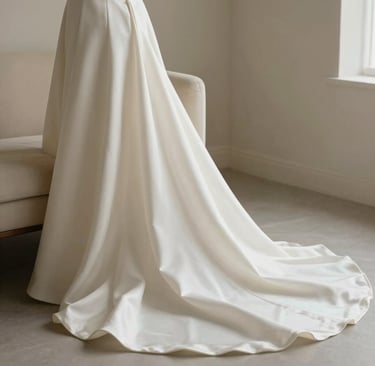 A minimalist detail shot of a wedding gown's silk fabric in soft off-white, draped elegantly over a warm cream chair in a sunlit North American / European studio. The lighting is soft and diffused, emphasizing texture and a sense of luxury.