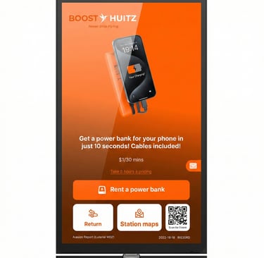 Boost Huitz rental station screen displaying options to rent a portable power bank for mobile charging.