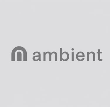 Minimalist Ambient company logo featuring a gray arch icon and lowercase sans-serif typography.