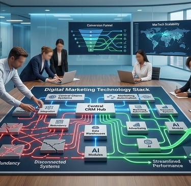 Business team analyzing a digital marketing technology stack diagram in a modern conference room.