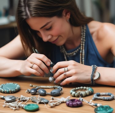Una mujer artesana elaborando cuidadosamente joyería hecha a mano con cuentas de piedra natural 