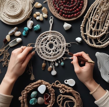 Proyecto artesanal de macramé hecho a mano, tipo tapiz mural, con cuentas bohemias y piedras natural