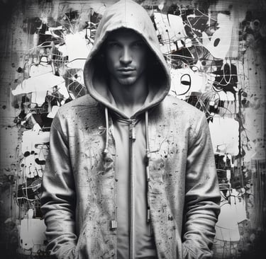 A confident young man wearing a mustardfaith hoodie against a matte black urban wall.