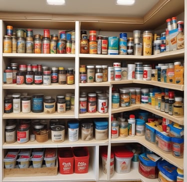 A neatly arranged kitchen pantry with labeled jars, baskets, and containers in soft neutral tones.
