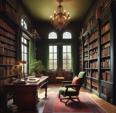 A cozy reading nook bathed in warm golden light with a stack of e.s. magill's fantasy novels, a steaming mug, and a journal adorned with magical symbols.
