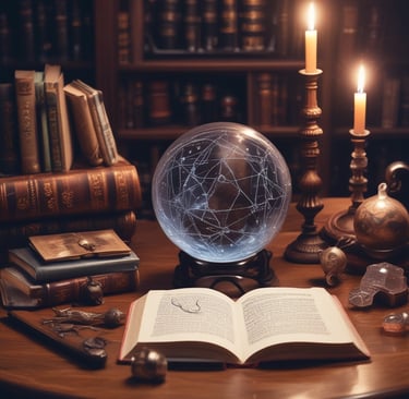 A cozy reading nook bathed in warm golden light, surrounded by stacked fantasy novels, a steaming mug with a mystical symbol, and a soft brown throw.