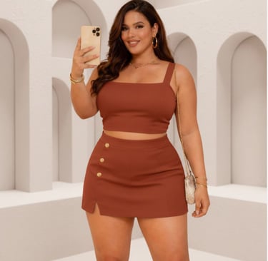 conjunto plus size feminino moderno tendência 2026 confortável