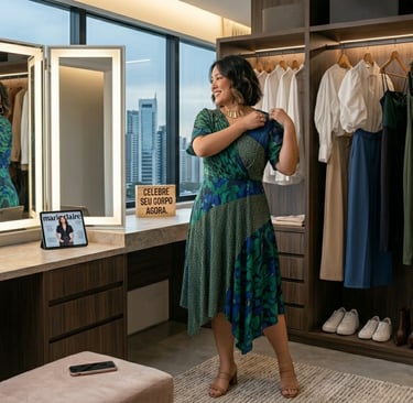 Ela mostra uma mulher plus size em um ambiente de camarim ou closet, experimentando roupas e olhando