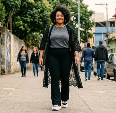 look plus size casual com calça preta e kimono rendado outono inverno 2026