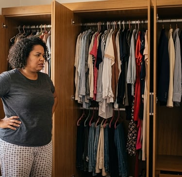 guarda roupa cápsula plus size com peças básicas femininas organizadas no armário