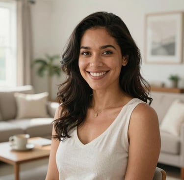 A beautiful, high-quality portrait of a hopeful North American woman in a sunlit living room, looking into the camera with a confident, healthy smile. The scene is bright and conveys a sense of renewed well-being.