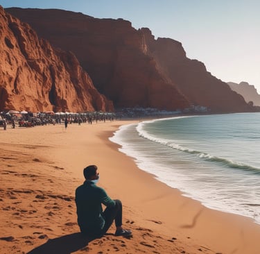 Smiling traveler enjoying a sunny terrace overlooking Agadir beach.