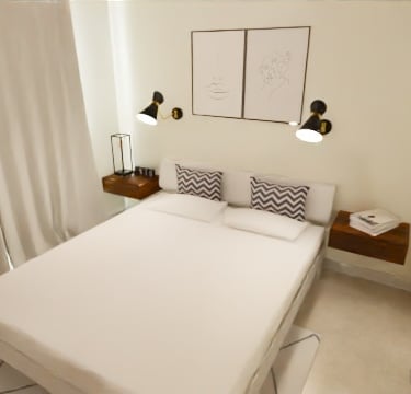 Dormitorio moderno minimalista con ropa de cama blanca, mesitas de noche flotantes y apliques de par