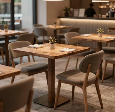 A beautifully crafted wooden café table with golden accents, showcasing smooth edges and a sleek modern design.