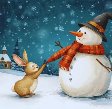 Whimsical winter illustration of a cute rabbit pulling a snowman's scarf in a snowy village.