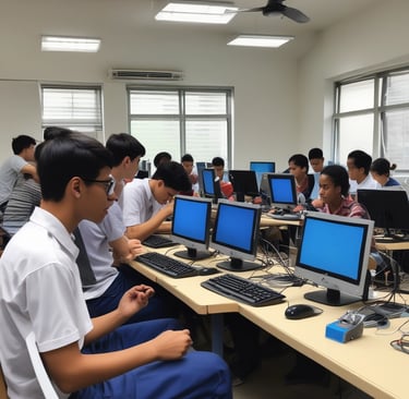 Students participating in a cultural dance performance in the school auditorium.