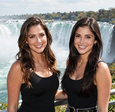 A candid moment of the two friends sharing a laugh with the roaring falls behind them.