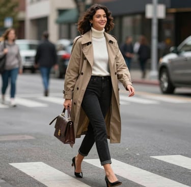 A candid shot of a woman laughing while walking down a bustling urban sidewalk.