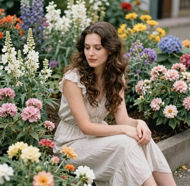 A joyful woman laughing softly while surrounded by blooming wildflowers.