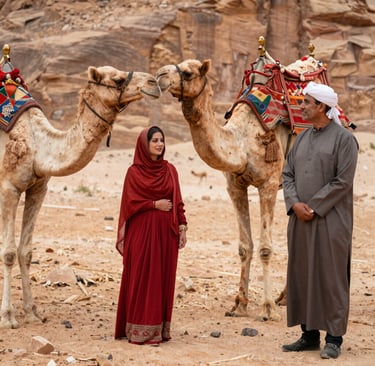 The couple sharing a dance at sunset, camels resting peacefully nearby.