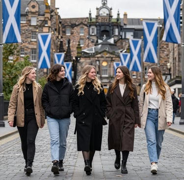 Two women chatting happily while walking down a tree-lined street with soft sunlight filtering through.