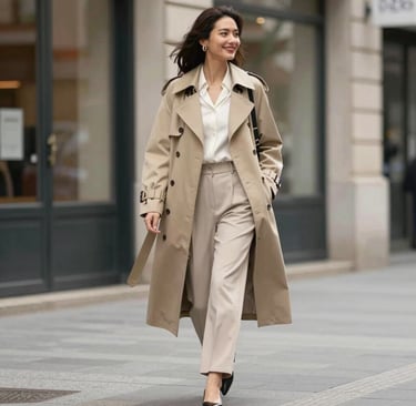 Smiling woman walking in a city wearing a stylish beige trench coat and matching trousers.