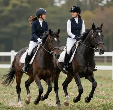 A black and white illustration of two girls joyfully riding a galloping horse across an open field.