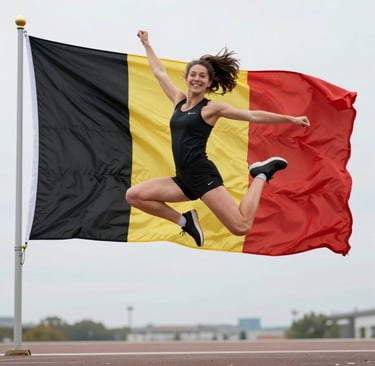 A confident woman posing gracefully near a rustic Belgian farmhouse.