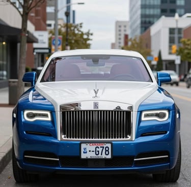 A sleek Rolls-Royce cruising smoothly down a vibrant Mississauga street at sunset.