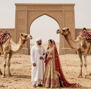 The bride and groom smiling brightly, surrounded by desert dunes and camels.