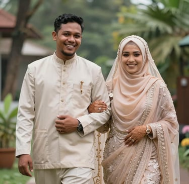 A group of friends and family laughing and sharing happiness outside the mosque after the wedding ceremony.