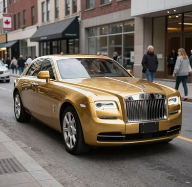 A Rolls-Royce parked by a tree-lined street, bathed in soft afternoon light.