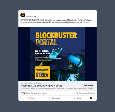 facebook mockup with blue tinted man with ar glasses and yellow blockbuster portal title left alighned