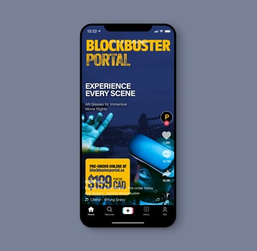 TikTok mockup featuring a blue-tinted man wearing AR glasses.