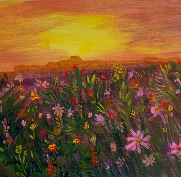 Landscape acrylic painting with warm tones, sunset tones, champagne skies