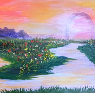 acrylic depiction of a water landscape with touches of vibrant blooming flowers.