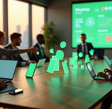 Equipe variada ao redor de mesa com ícones de WhatsApp e engajamento digital 