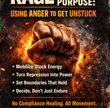 Motivational poster showing a clenched fist emerging from fire and smoke with text about using anger for healing.