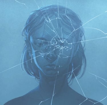 Surreal blue digital art of a woman's portrait seen through a cracked mirror surface.