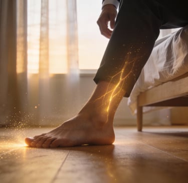a person standing on a bed with a foot in the middle of the foot