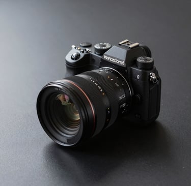 A clean, minimalist still life of professional photography equipment including a high-end camera and lens on a sleek black surface, soft highlights, monochromatic palette with dark gray and black tones, International / Professional.