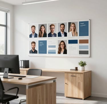 A sophisticated Scandinavian-style agency office interior. Minimalist light oak furniture, a clean white wall with a mood board featuring diverse talent headshots and color swatches. Soft, natural daylight, professional atmosphere with #74A8AE accents.