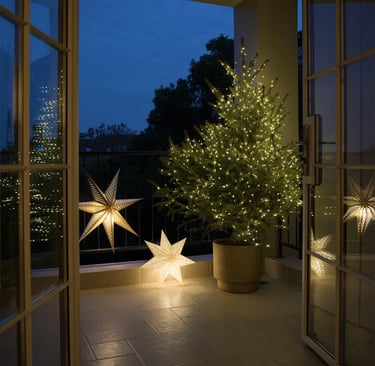 Warm balcony lighting with outdoor lanterns, compact furniture, and soft evening decor.