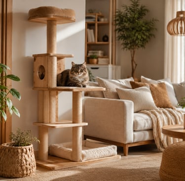 Modern cozy pet corner with a wooden cat tree, sisal scratching posts, soft cushions, indoor plants 
