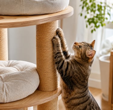 Cat scratching a sisal post on modern wooden pet furniture with soft cushions and natural materials 
